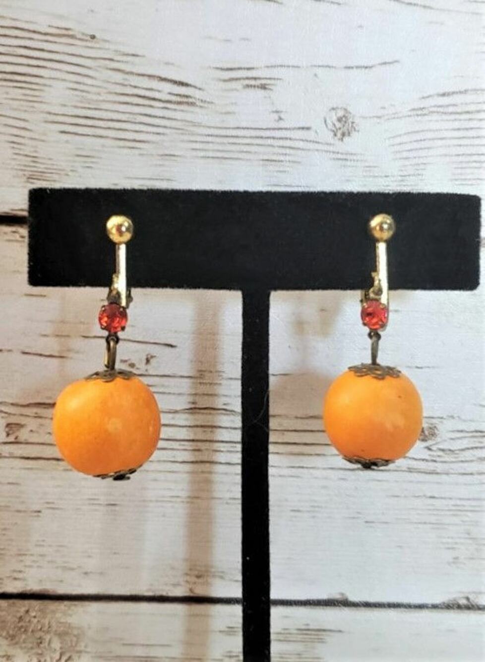 Vintage Clip On Earrings Orange with Red Gem Dangle